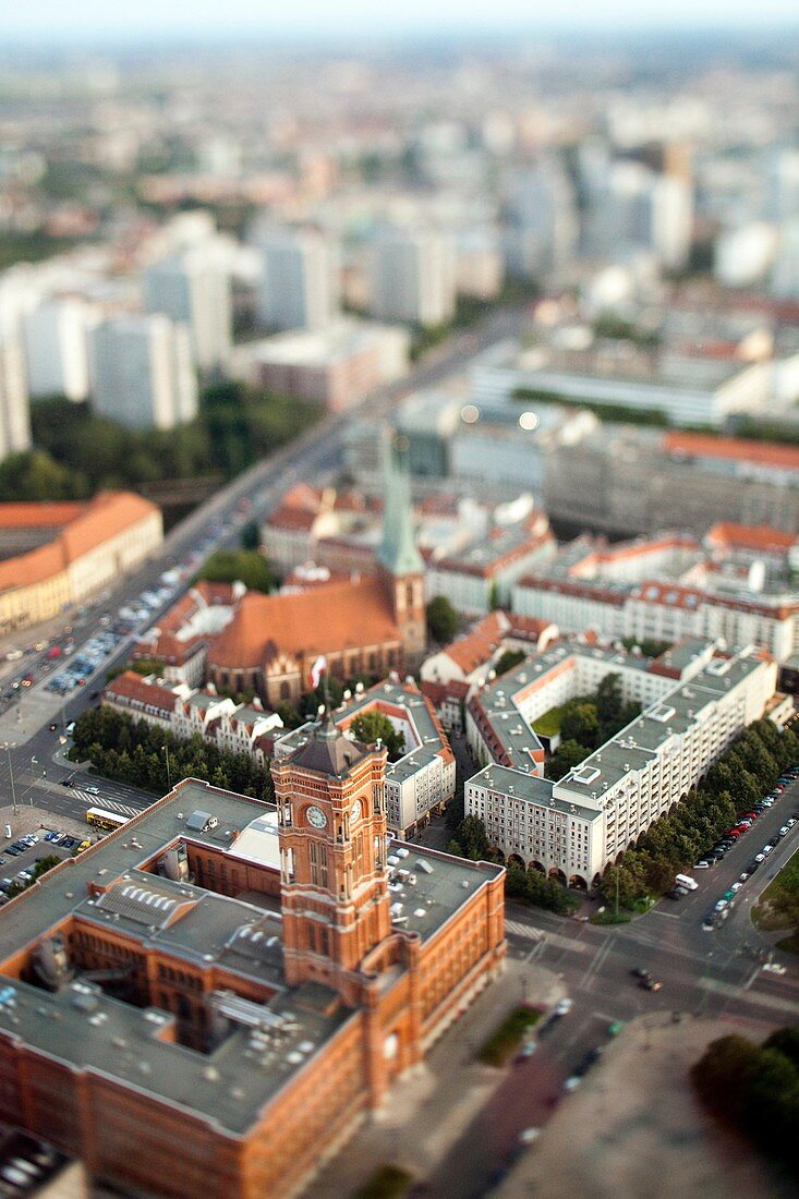 Aerial view from the TV Tower of the City Hall and Nikolaikirche focus on the City Hall, Berlin, Germany  Tilted lens used for a shallower depth of field and to create, combined with the aerial view, a miniaturization effect