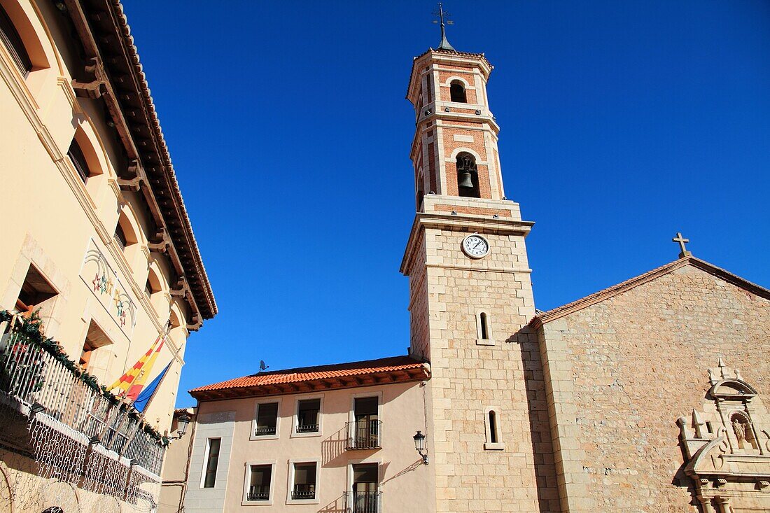 Sarrion main square. Sierra de Javalambre, Teruel province, Aragon, Spain