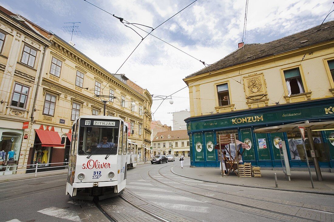 Street scene with tram in the old town of Zagreb, Croatia