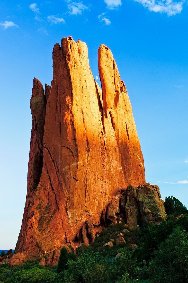 Moonrise at the Tower of Babel rock formation at The Garden of the Gods in Colorado Springs, Colorado  The Garden of the Gods was originally a gift to the citizens of Colorado Springs by the family of local landowner Charles Elliott Perkins in 1909, who s
