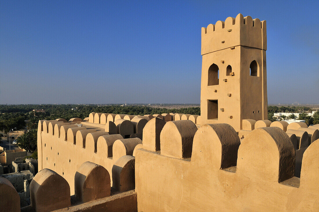 wind tower at the historic adobe fortification Al Faiqain Fort or Castle near Manah, Dakhliyah Region, Sultanate of Oman, Arabia, Middle East