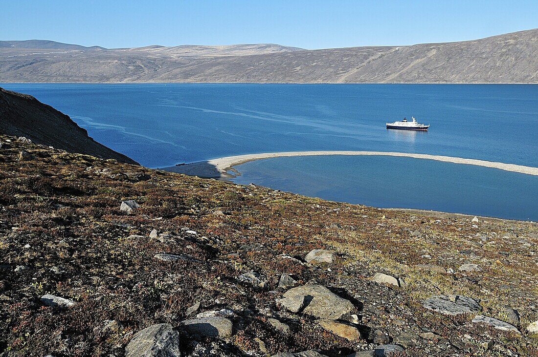 Cruise North Cruiseship Lyubov Orlova at Sunnshine Fjord, Baffin Island, Nunavut, Canada, Arctic