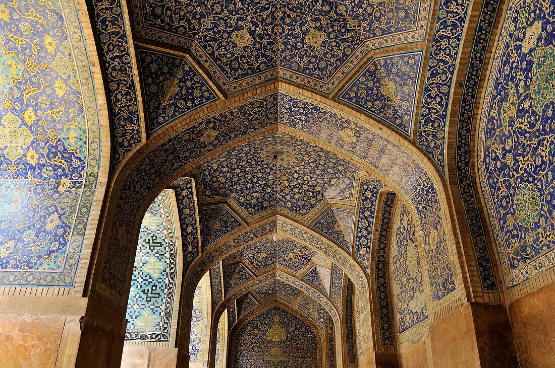 colorful Faience tiles in the central prayer hall of Shah or Imam, Emam Mosque at Meidan-e Emam, Naqsh-e Jahan, Imam Square, UNESCO World Heritage Site, Esfahan, Isfahan, Iran, Persia, Asia