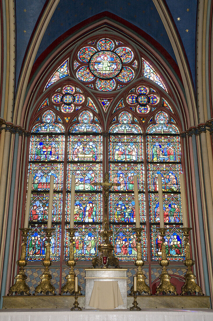France, Paris 75  Notre Dame cathedral interior, stained glass window