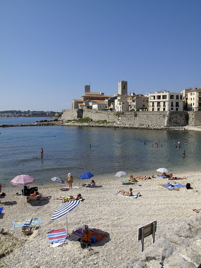 General view of Plage De La Gravette beach in Anitbes on the Cote D´Azur in southern France