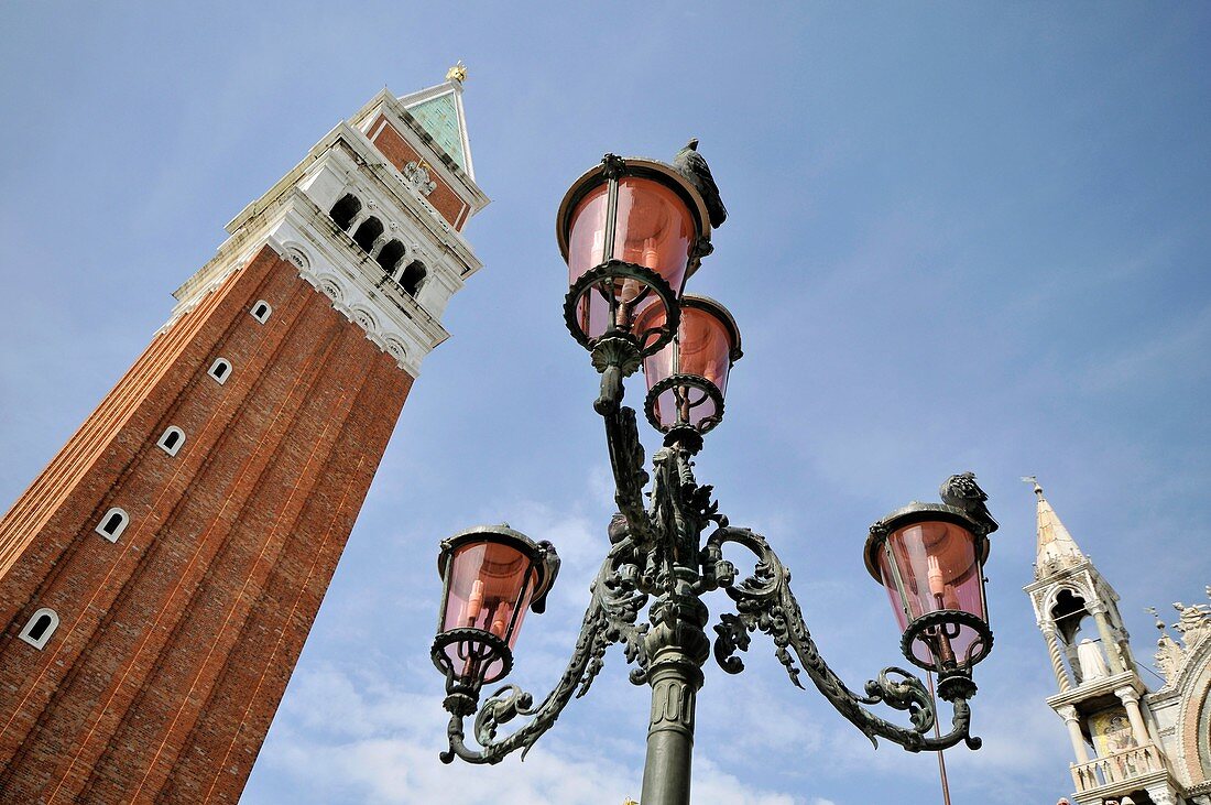 Venetian streetlight  Campanile is in the background  St Mark´s Square  Venice, Italy, Europe, UNESCO World
