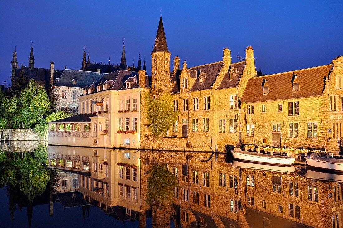 Rozenhoedkaai, canals and reflections at night  Medieval town of Bruges, Belgium  Brugge