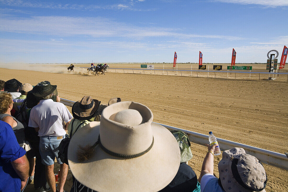 Horse racing in the outback at the annual Birdsville Cup Races  Every September the small town holds the most famous bush racing carnival in Australia  Birdsville, Queensland, Australia