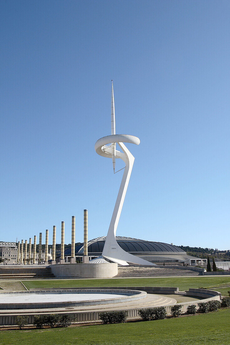 Telecommunications tower by architect Santiago Calatrava, Montjuic, Barcelona. Catalonia, Spain
