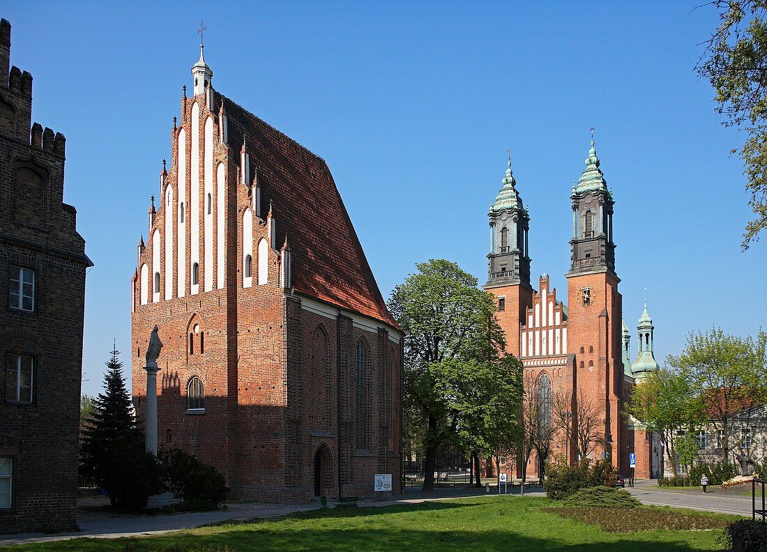 Twin Towers of St, Peter and Paul Cathedral, dome church on Ostrow Tumski Island, Poznan, Poland
