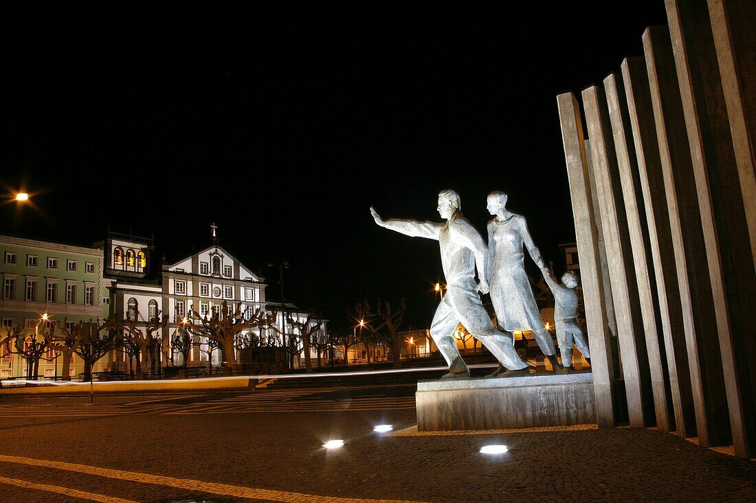 Night photo of the Emigrant Monument Monumento ao Emigrante in downtown Ponta Delgada  Sao Miguel island, Azores islands, Portugal