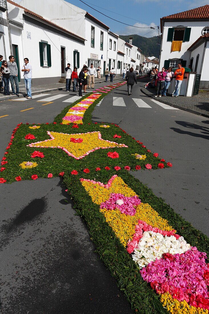 The streets of Furnas decorated for the Procissao do Senhor dos Enfermos Procession of Our Lord of the Sick  Sao Miguel island, Azores, Portugal