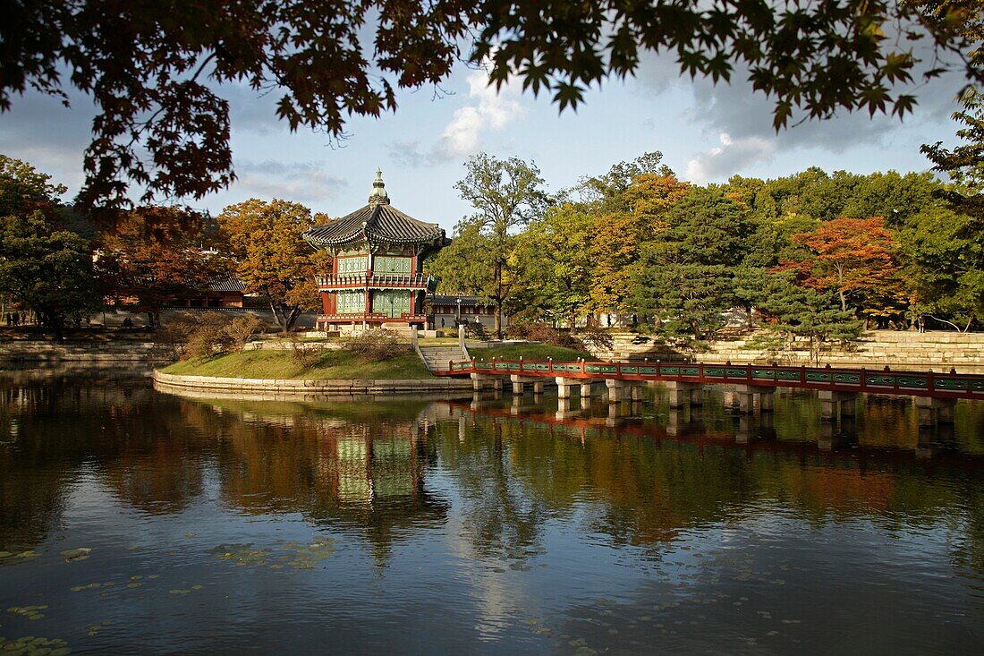 Hyangwonjeong Pavilion in the Park of Gyeongbokgung Palace in South Koreas Capital Seoul, Asia