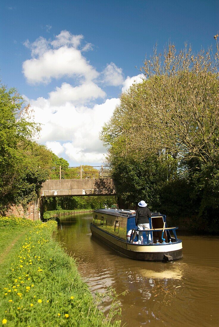 Narrow boat cruising the canal, Llangollen Canal, England, UK