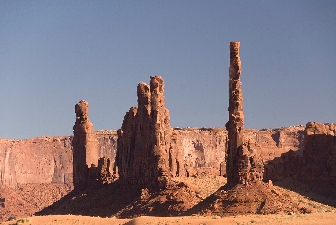Afternoon view of the Totem Pole and Yei Bi Chei, Monument Valley Navajo Tribal Park, Arizona, USA