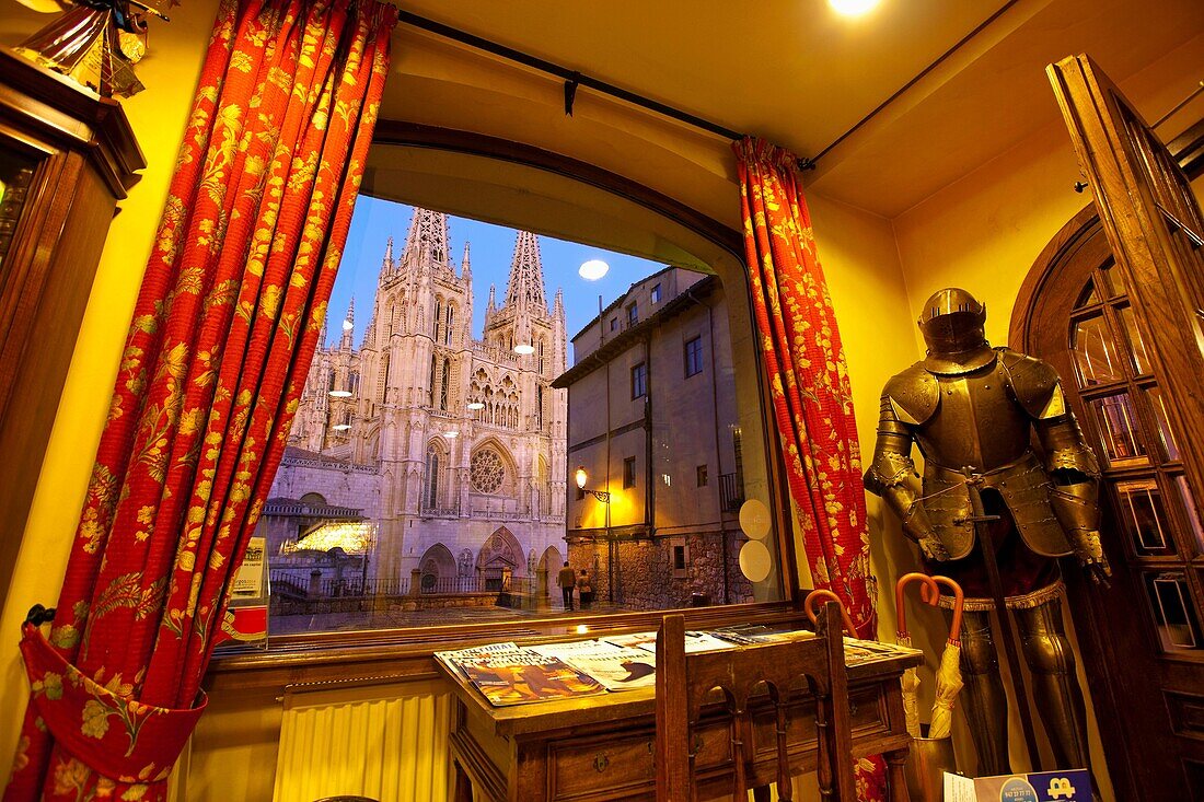 Cathedral from Meson del Cid hotel, Burgos. Castilla-Leon, Spain