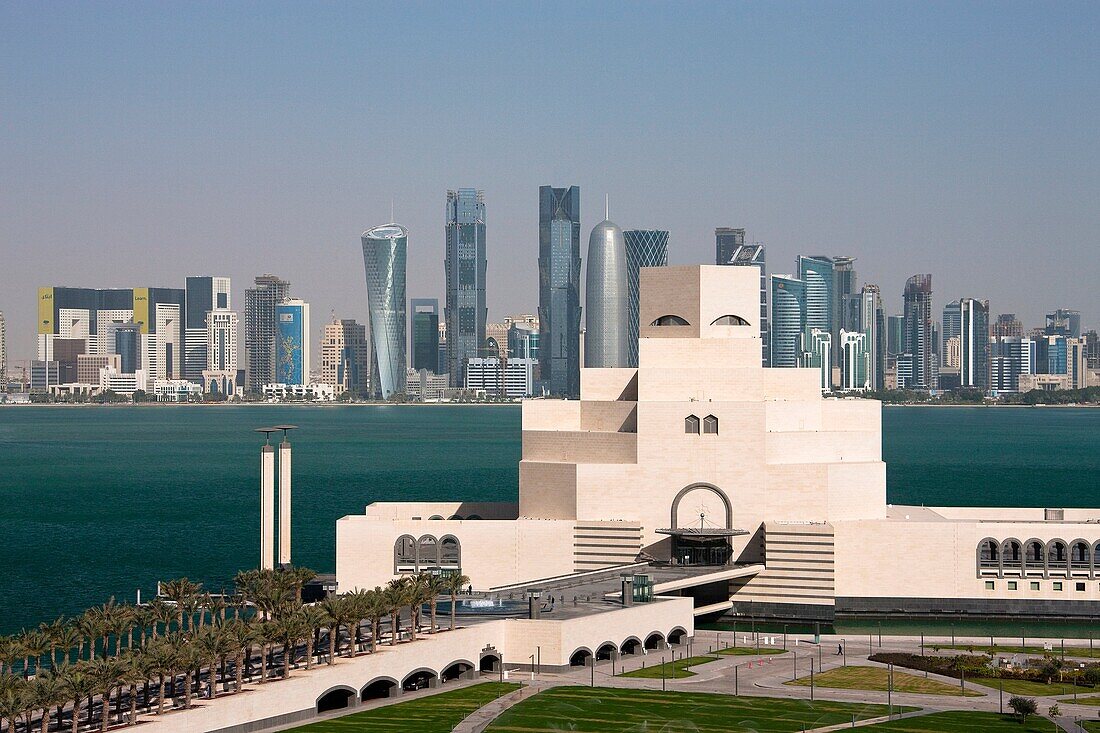 Museum of Islamic Art and Corniche skyline, Doha, Qatar