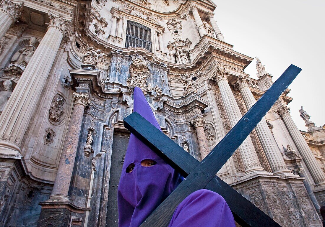 Good Friday procession passing by the cathedral, Murcia, Spain