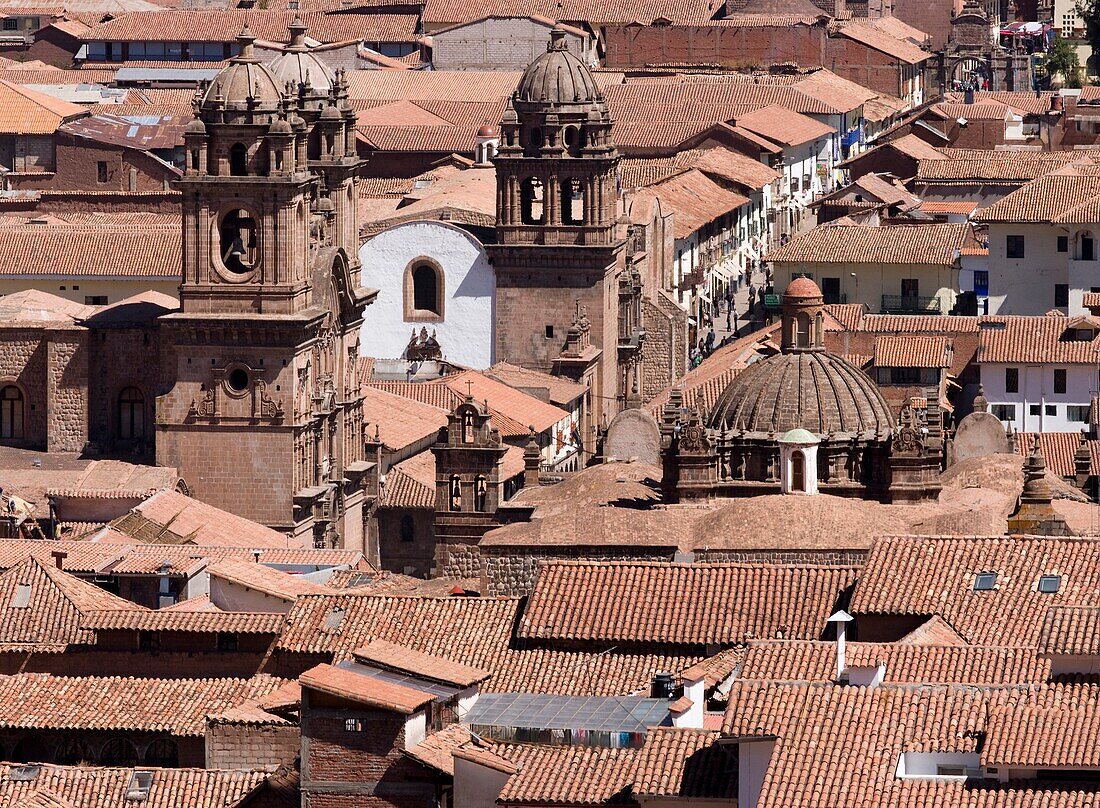 Peru. Cusco city. Overview and Church La Compañia and La Merced.