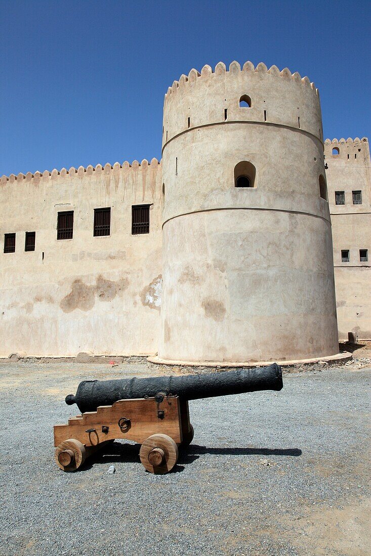 a single historic Cannon in front of Fort Barka, Sultanate of Oman, Asia.