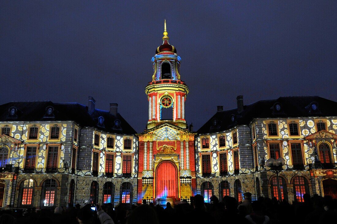 City Hall and light show designed by Benoît Quero for Christmas, Rennes, Ille-et-Vilaine, Brittany, France