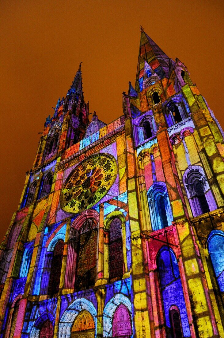 Festival of lights: royal portal of the cathedral, scenography by Xavier de Richemont, Eure-et-Loir, Centre, France