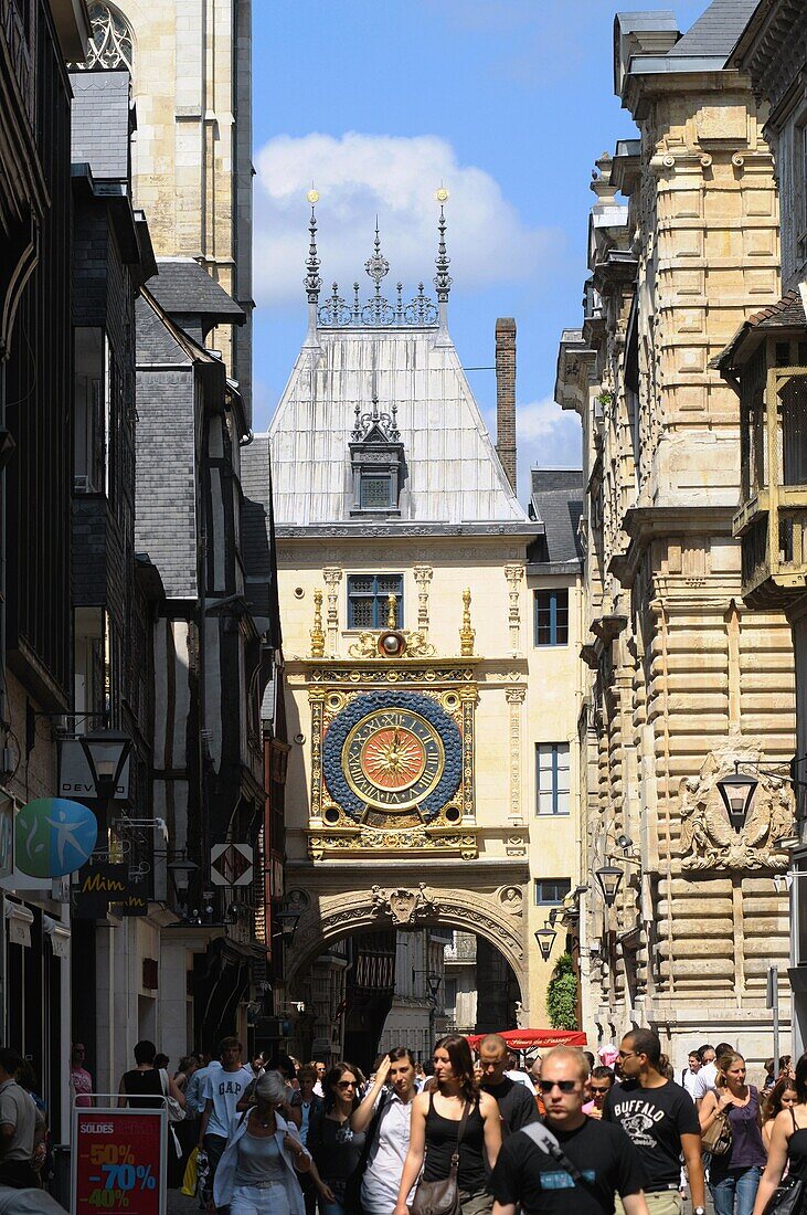 Rue du Gros Horloge in old town, Rouen, Seine Maritime, Upper Normandy, France