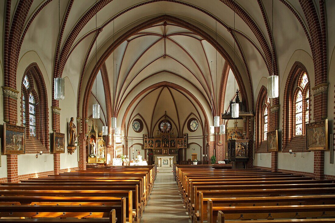 D-Nortrup, Samtgemeinde Artland, Osnabruecker Land, Ankumer Hoehe, Naturpark Noerdlicher Teutoburger Wald-Wiehengebirge, Niedersachsen, Pfarrkirche Sankt Aloysius, katholische Kirche, Innenansicht, D-Nortrup, Samtgemeinde Artland, Osnabrueck Country, Anku