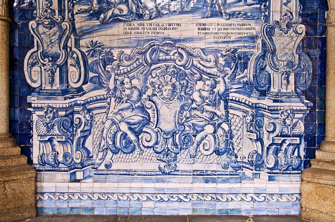 Typical azulejos, earthenware tiles, cloister of Se cathedral, detail, Porto, Portugal