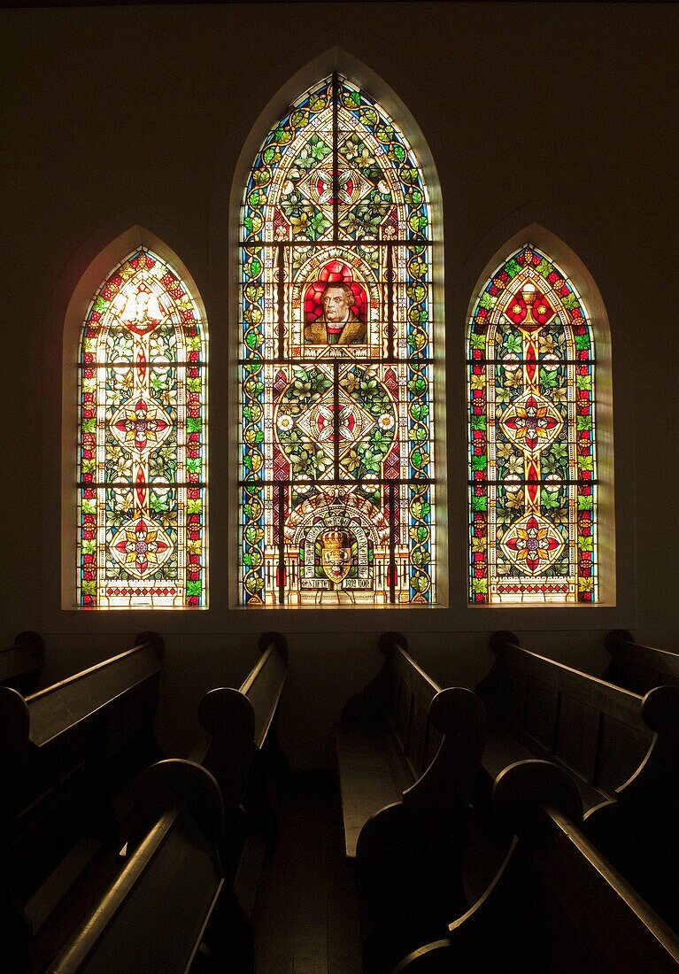 Namibia - Beautiful stained-glass windows in the Evangelical Lutheran Church Felsenkirche which is the prominent landmark of the coastal town of Lüderitz and was consecrated in 1912