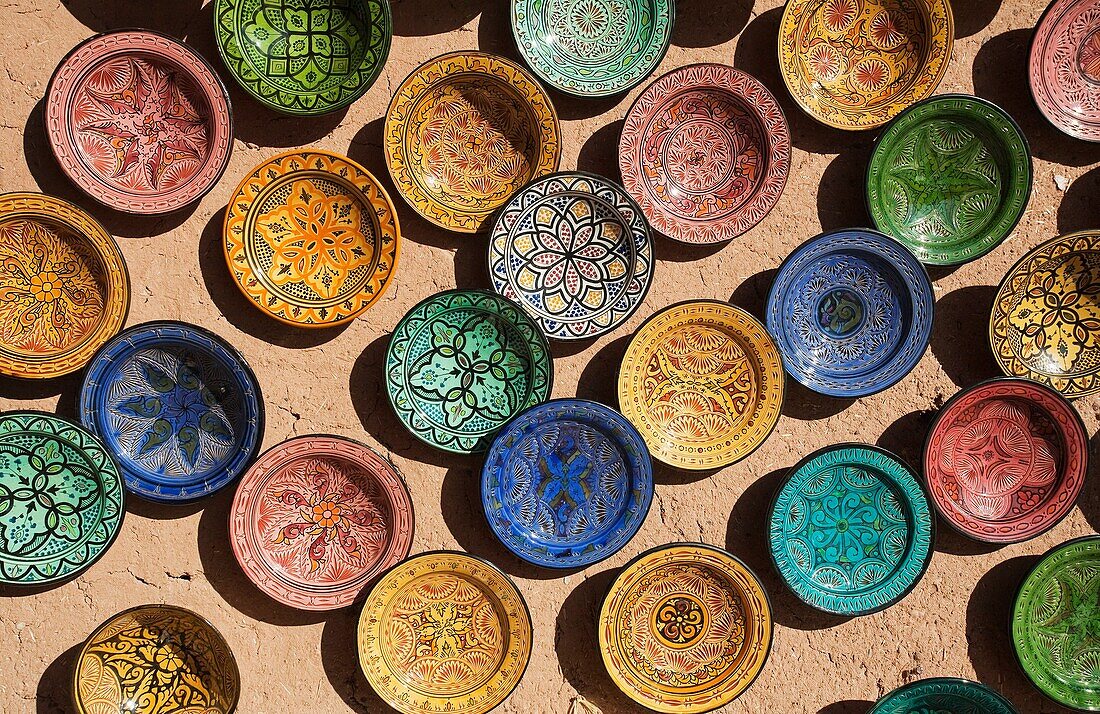 Morocco - Displayed pottery in a craft shop in Ouarzazate in southern Morocco