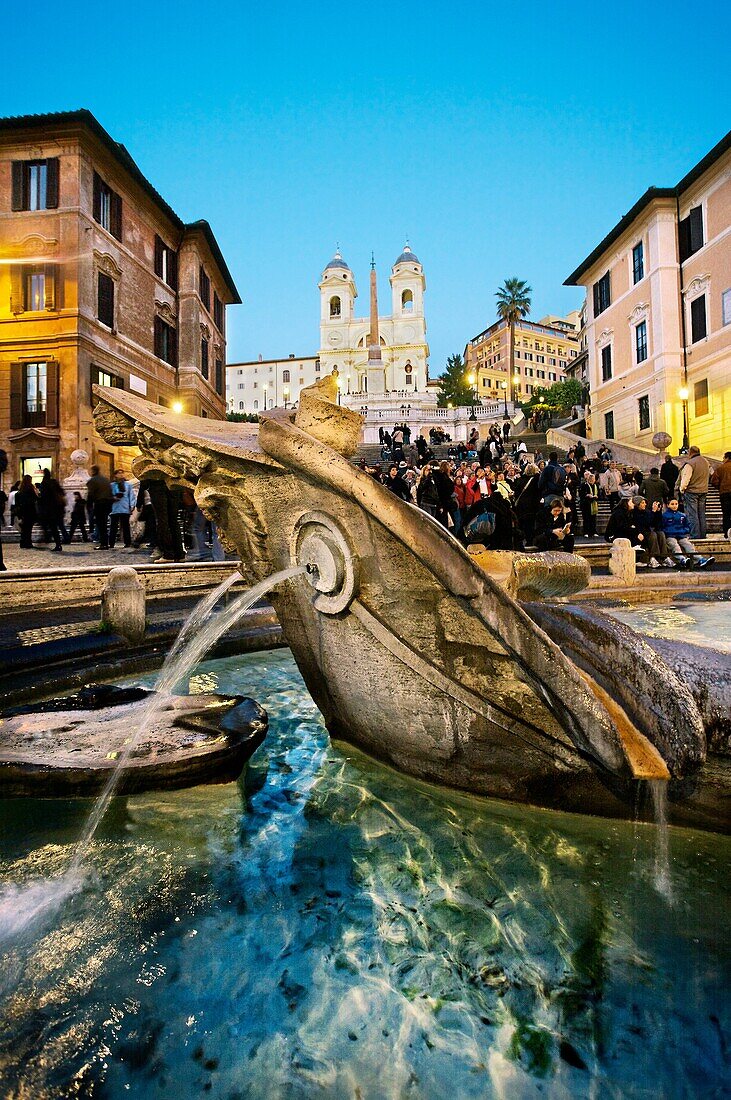 Spanish Steps with Fontana della Barcaccia. Church of Trinita dei Monti. Rome. Lazio. Italy.