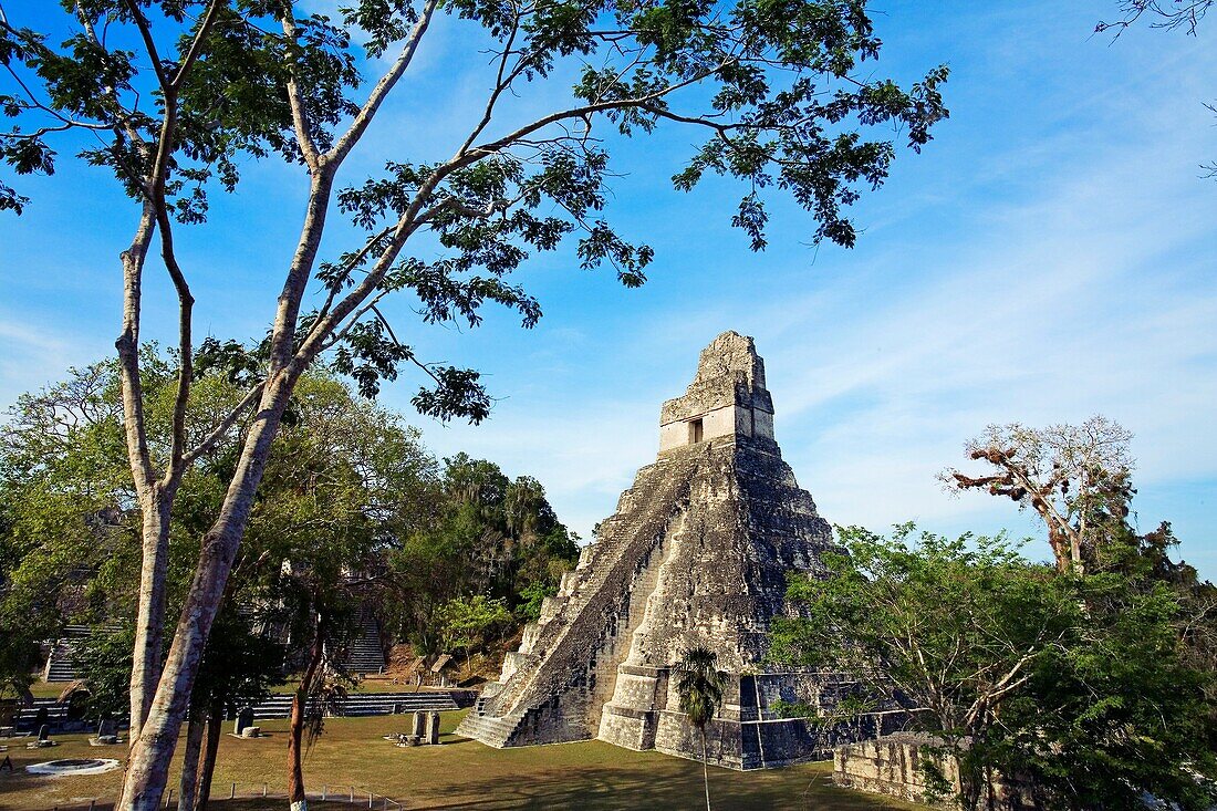 Great Plaza and Temple of the Giant Jaguar.Temple I. Mayan ruins of Tikal. Guatemala.