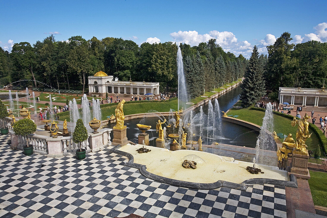 Golden statues and water works at Peterhof Park. Petrodvorets. St. Petersburg. Russia.