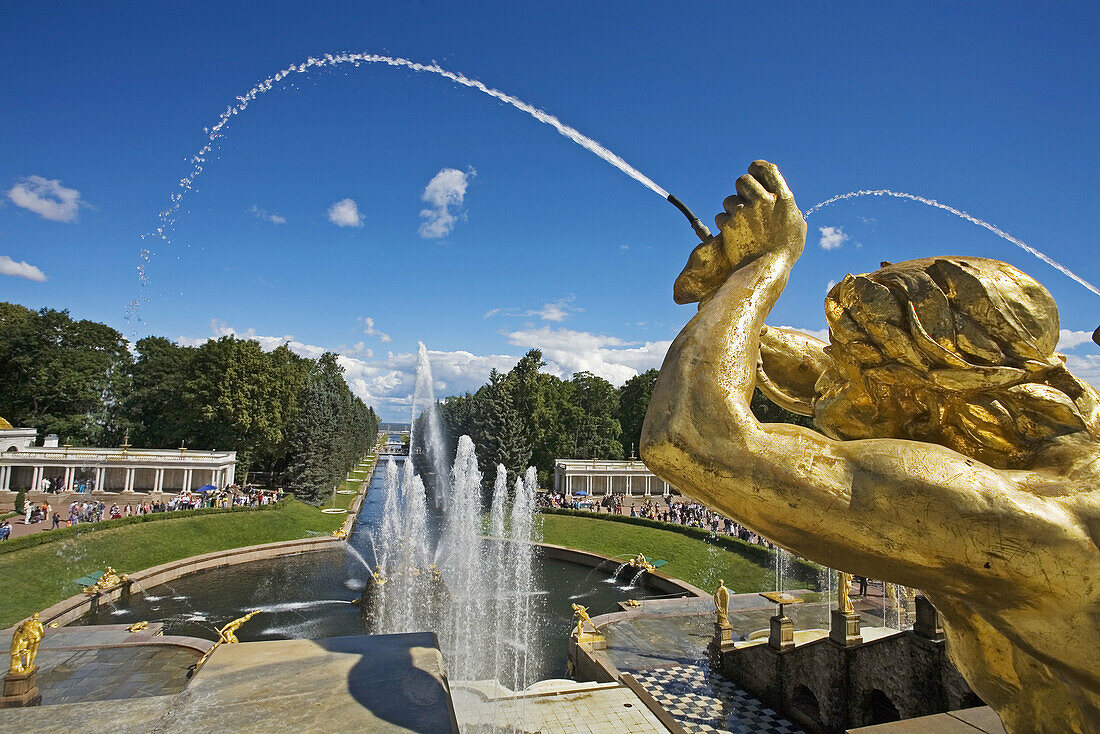Golden statues and water works at Peterhof Park. Petrodvorets. St. Petersburg. Russia.