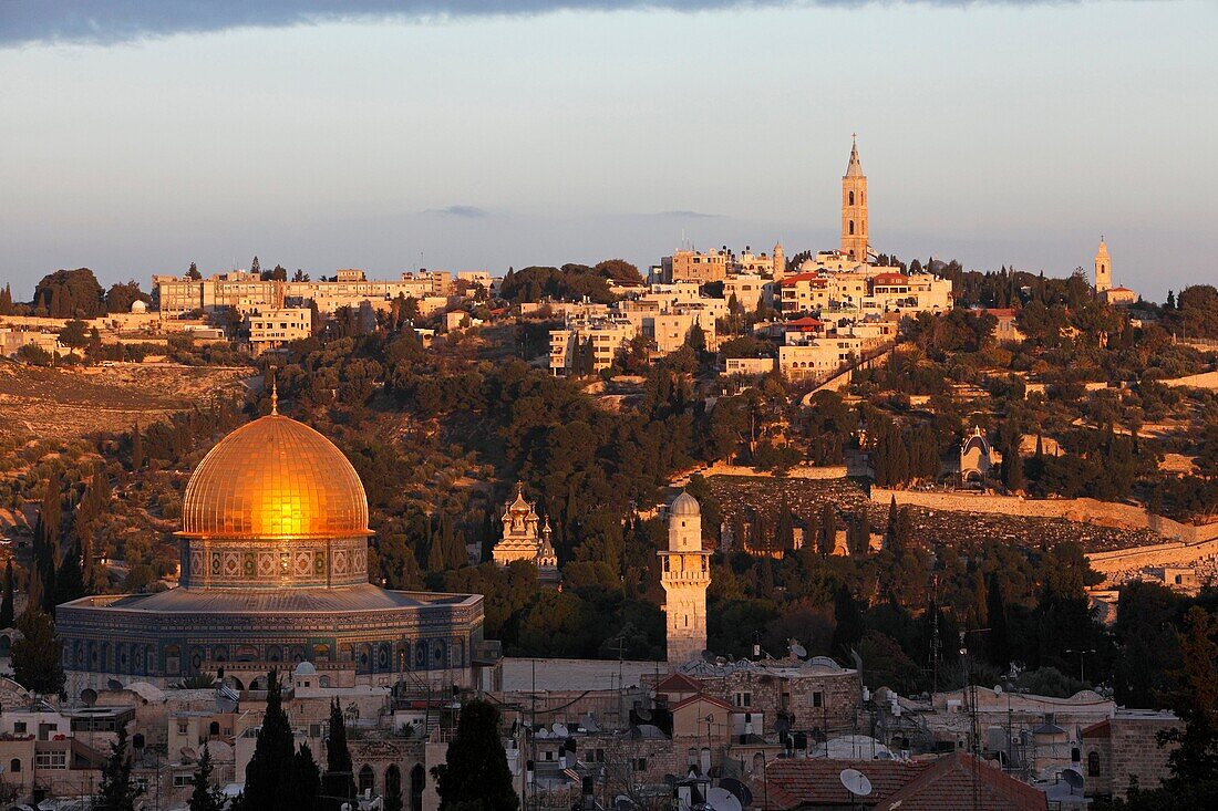 Israel, Jerusalem, Old city, Mount of Olives, from David's Tower, Dome of the Rock, St Mary Magdalene Orthodox Church, Orthodox Church of the Ascension