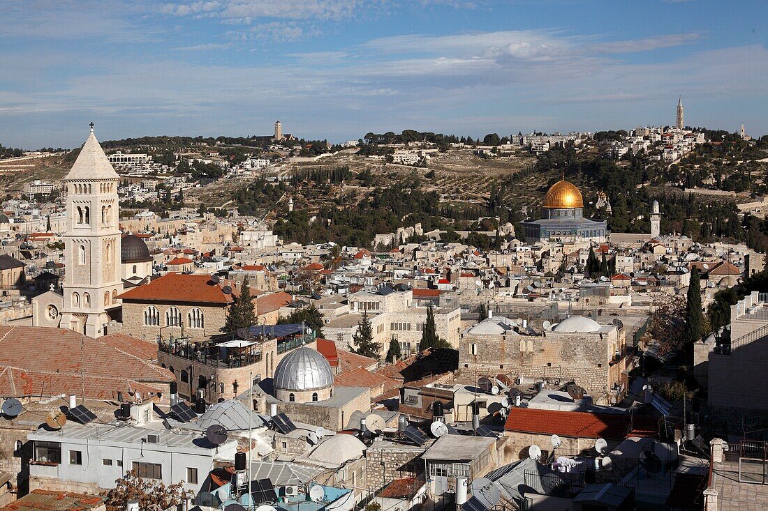 Israel, Jerusalem, Old city, Mount of Olives, from David's Tower, Dome of the Rock, Church of the Redeemer
