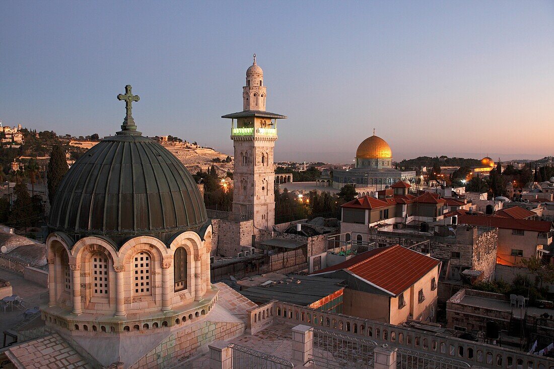 Israel, Jerusalem, Ecce Homo Basilica, Bab el Ghawanimeh Mosque, Minaret, Dome of the Rock, Old city
