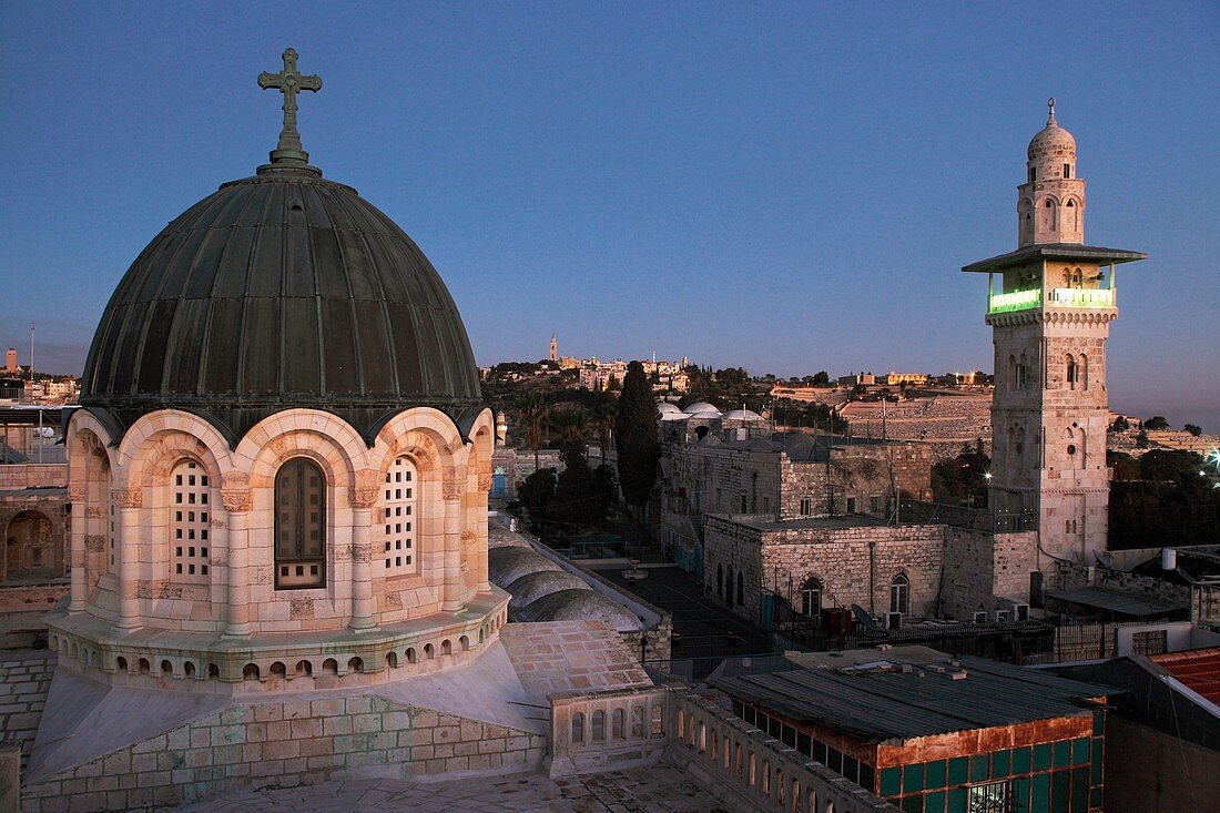 Israel, Jerusalem, Ecce Homo Basilica, Bab el Ghawanimeh Mosque, Minaret, Old city