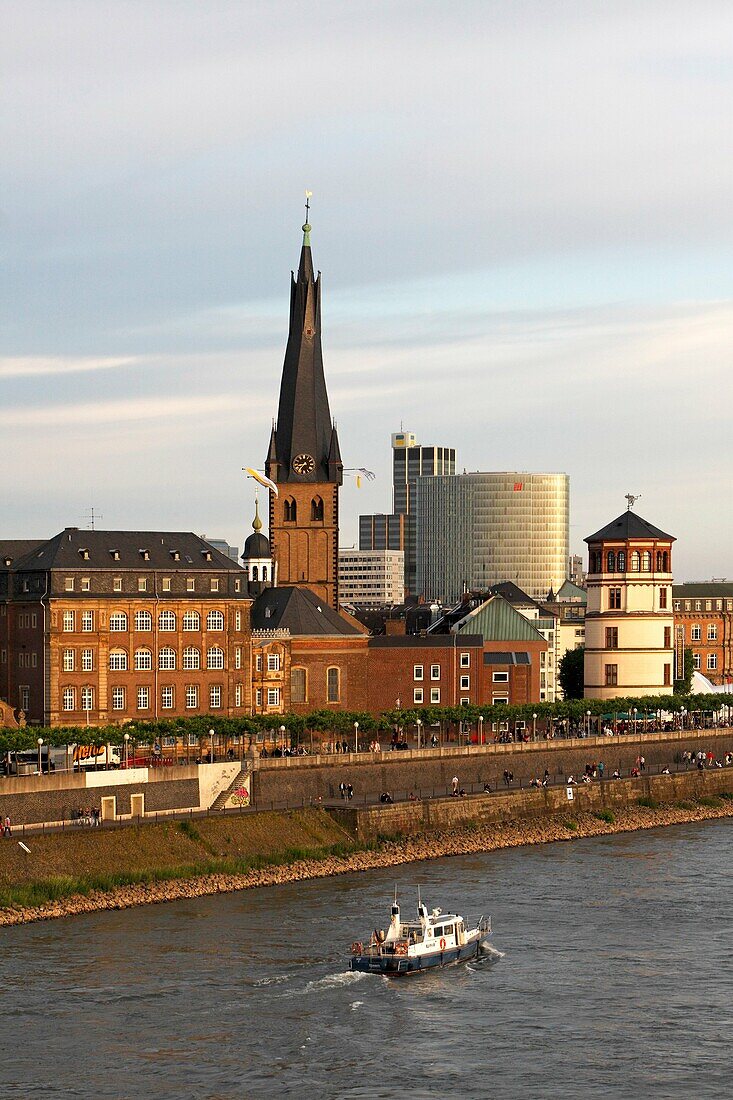 Düsseldorf, Rhine River, St Leonard Church, Shlossturm, riverbanks, North Rhine-Westphalia, Germany