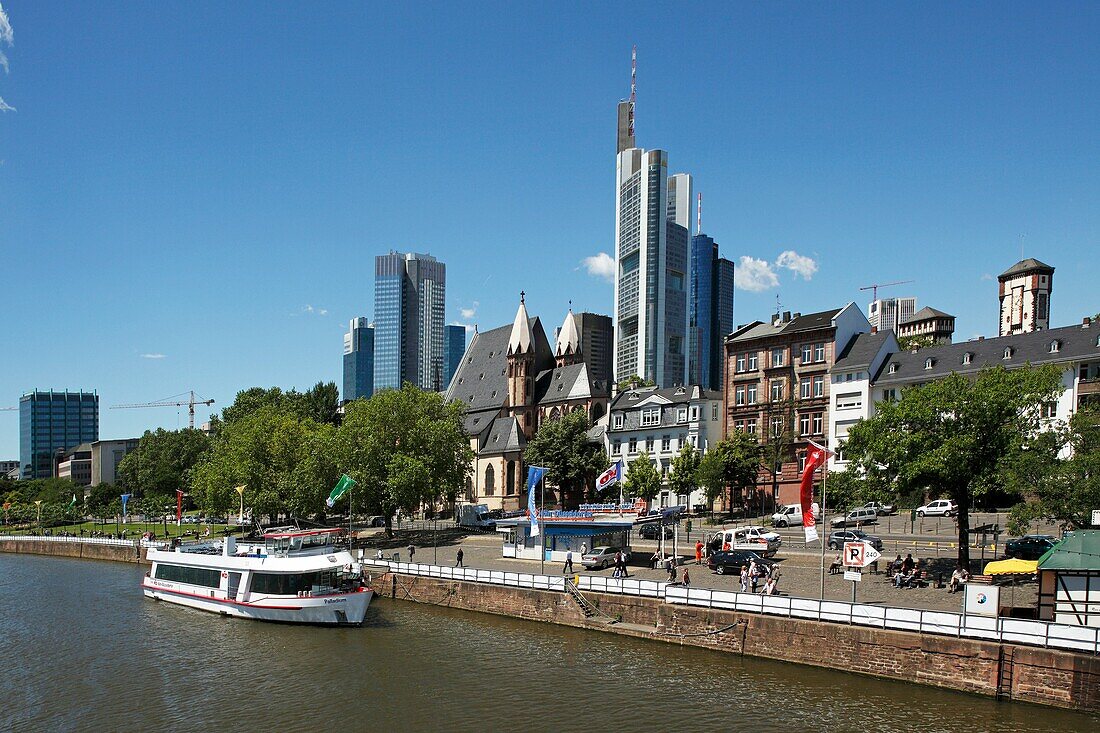 Frankfurt on the Main, Main river, banking quarter, Commerzbank tower, Leonhard Church, Late Romanesque style, excursion ship, Hesse, Germany