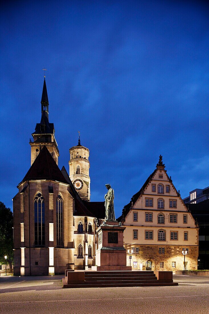 Stuttgart, Stiftskirche, Collegiate, Schiller square, Schiller Statue, Baden-Württemberg, Germany