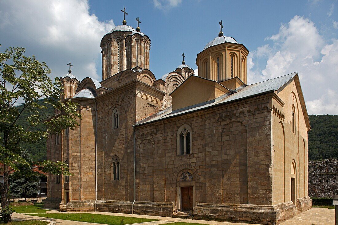 Serbia, Manasija Monastery, founded by Despot Stefan Lazarevi, 1407-1418, Church of St Trinity, Orthodox, christian, religious, exterior, outside, facade, colour