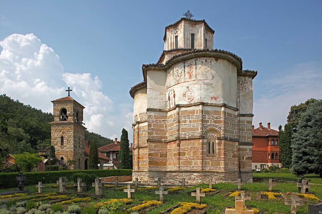 Serbia, Belutcha Monastery, Church of St Mother of God, 1389, Orthodox, christian, religious, exterior, outside, facade, colour, cemetery