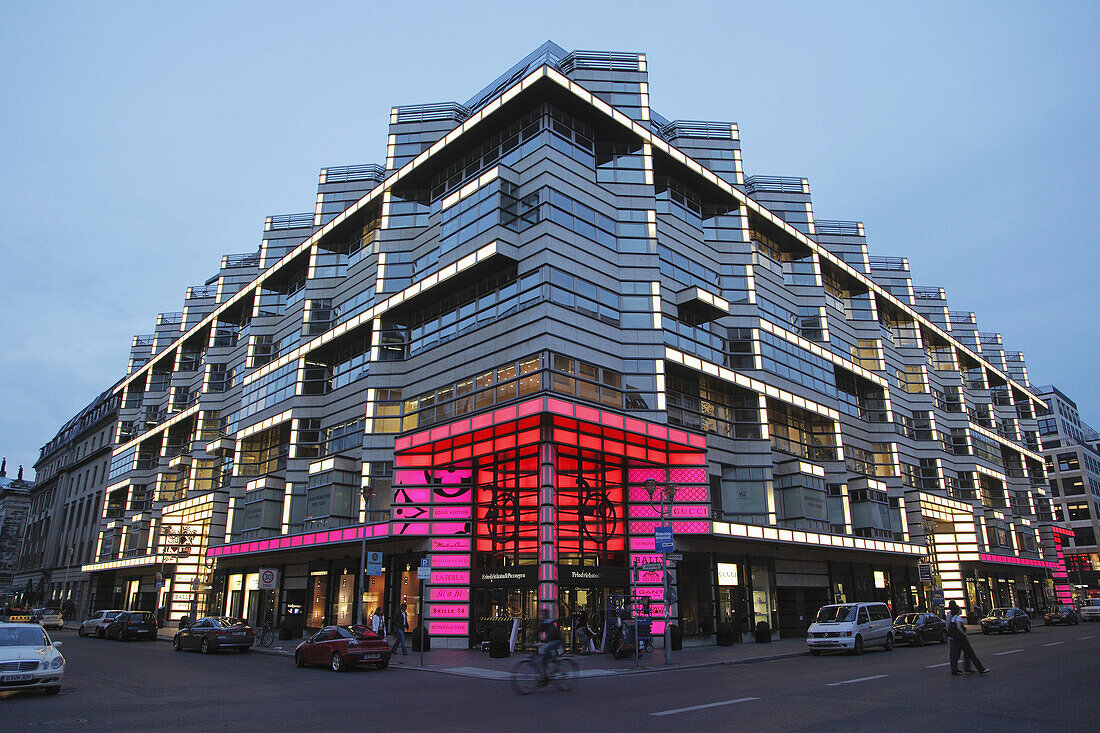 Germany, Berlin, Quartier 206 shopping complex at night