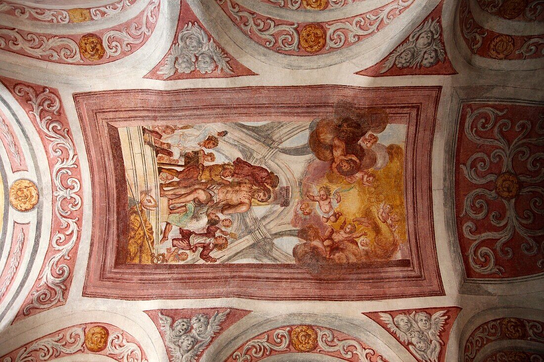 Slovenia, Bled, Castle, chapel interior, painted ceiling