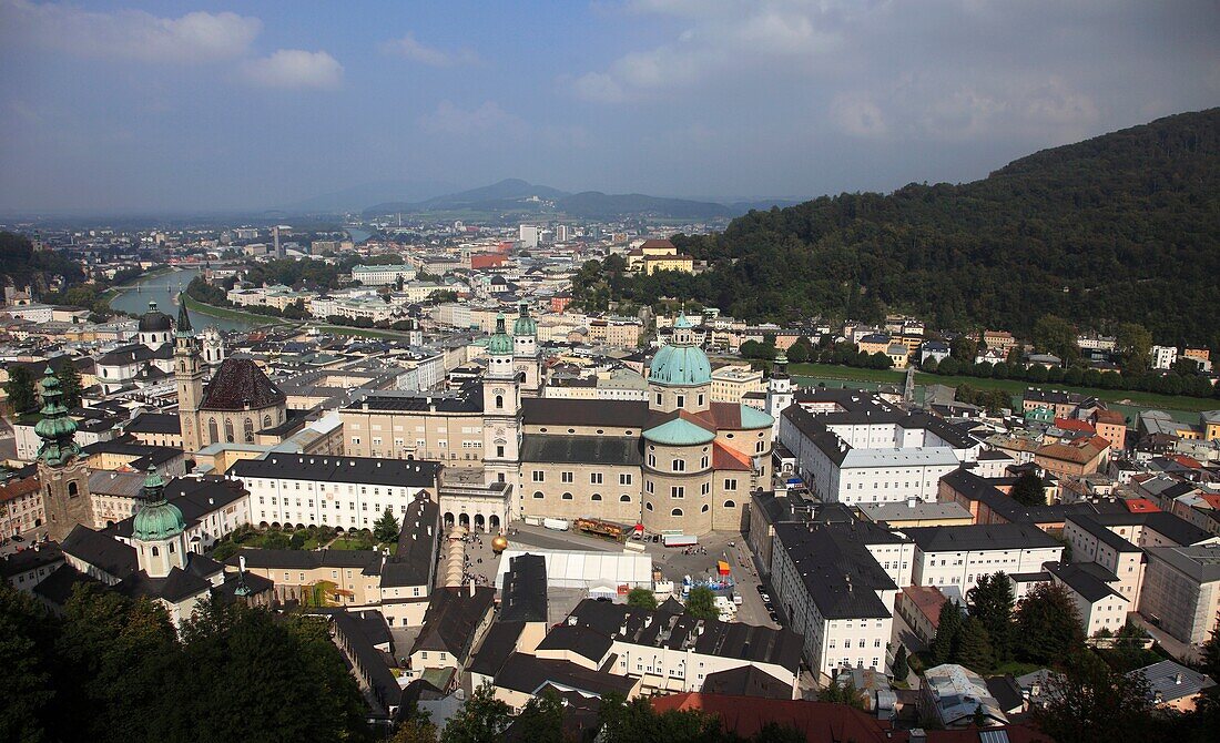 Austria, Salzburg, Old Town, aerial panoramic view