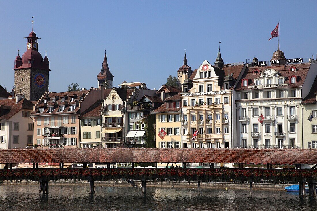Switzerland, Lucerne, Luzern, old town skyline, covered bridge