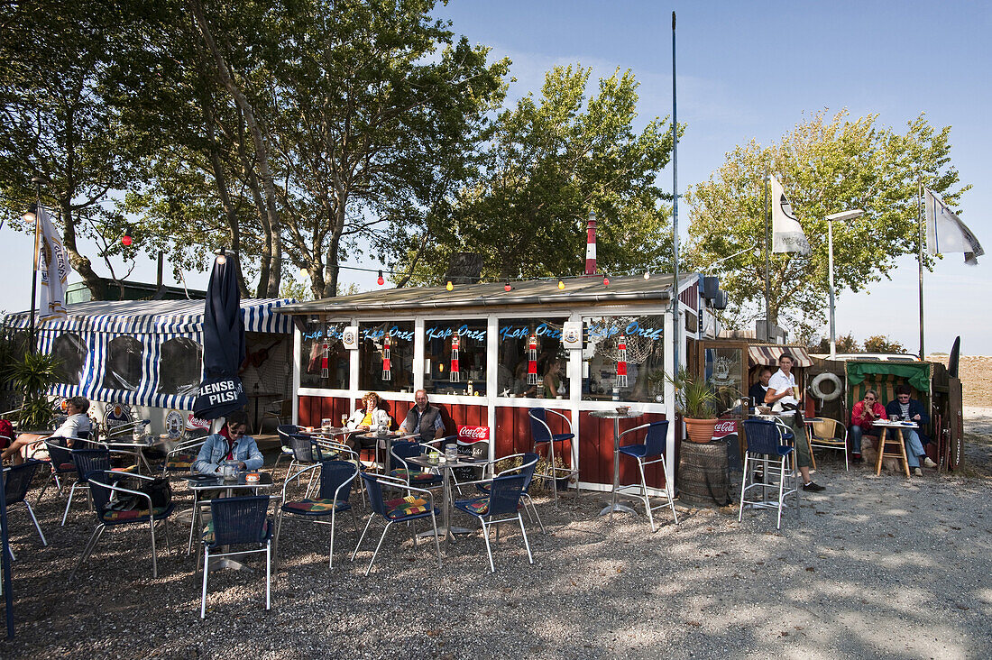 Cafe bar at Orth harbour, Fehmarn, Schleswig-Holstein, Germany