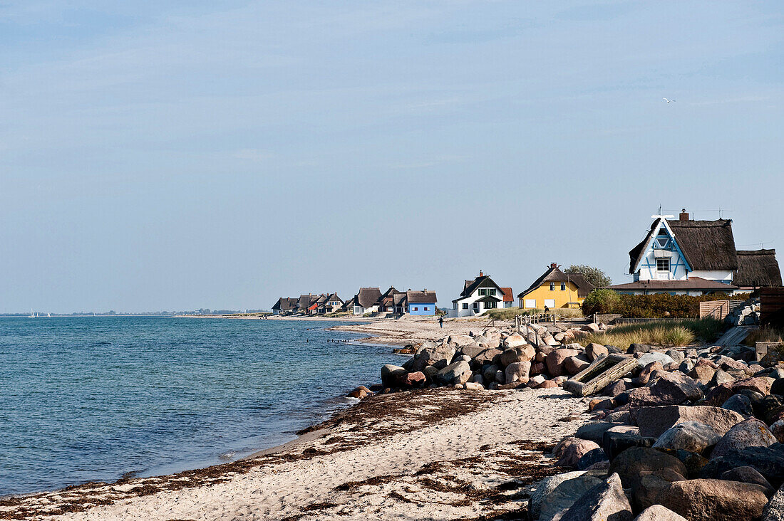 Houses on the beach of Graswarder peninsula, Heiligenhafen, Schleswig-Holstein, Germany
